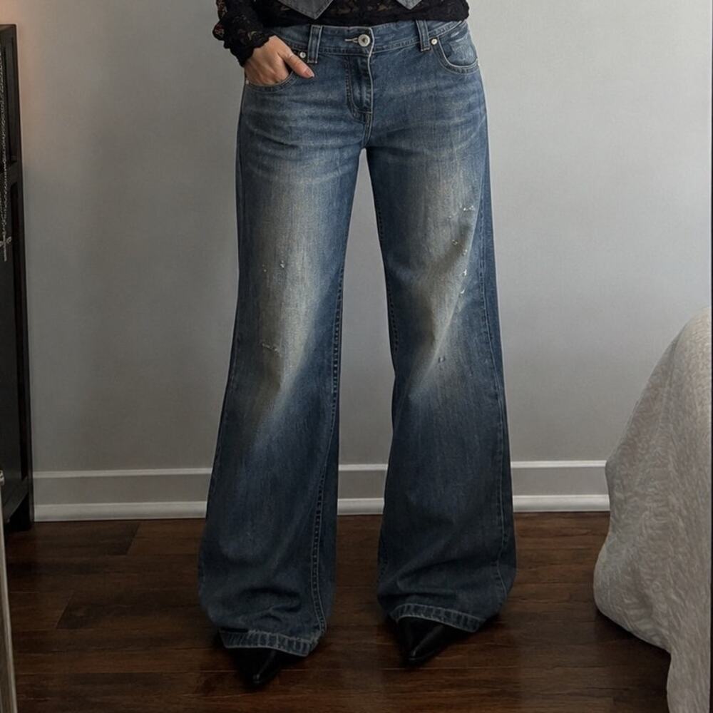 y2k London Jeans Wide Leg Flare Rigid Denim Women 16 x 33 TALL Western Country